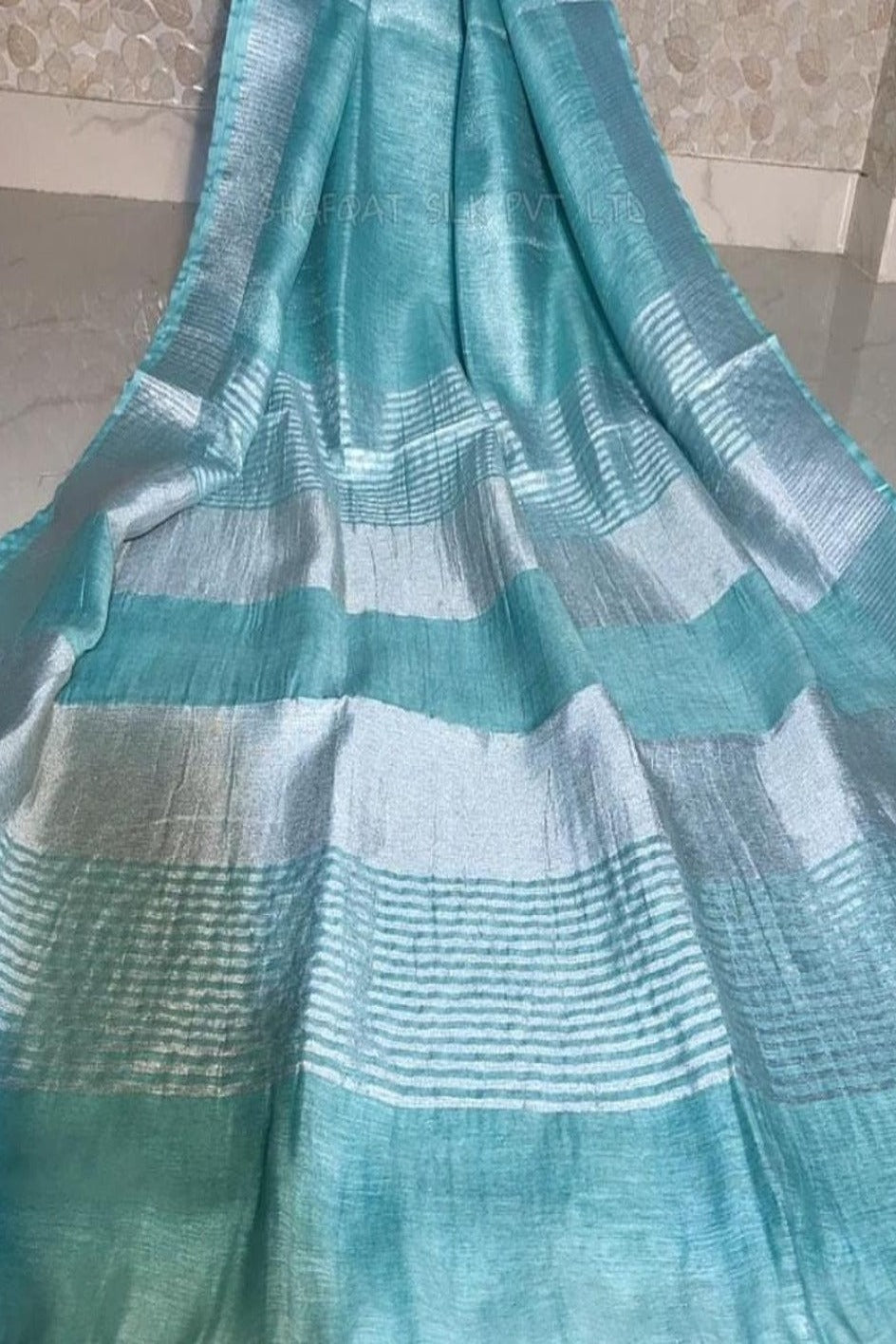 aqua blue handloom zari linen saree - linenworldonline.in