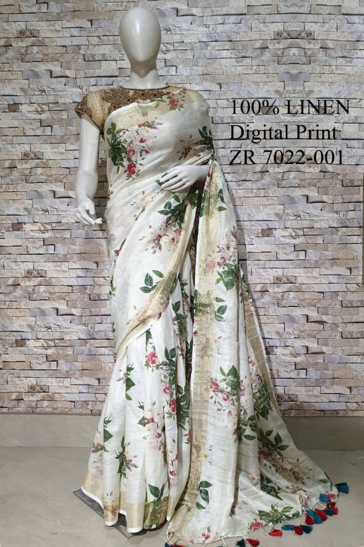 off white digital printed handloom pure linen saree - linenworldonline.in