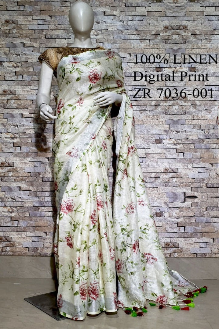 cream digital printed handloom pure linen saree - linenworldonline.in