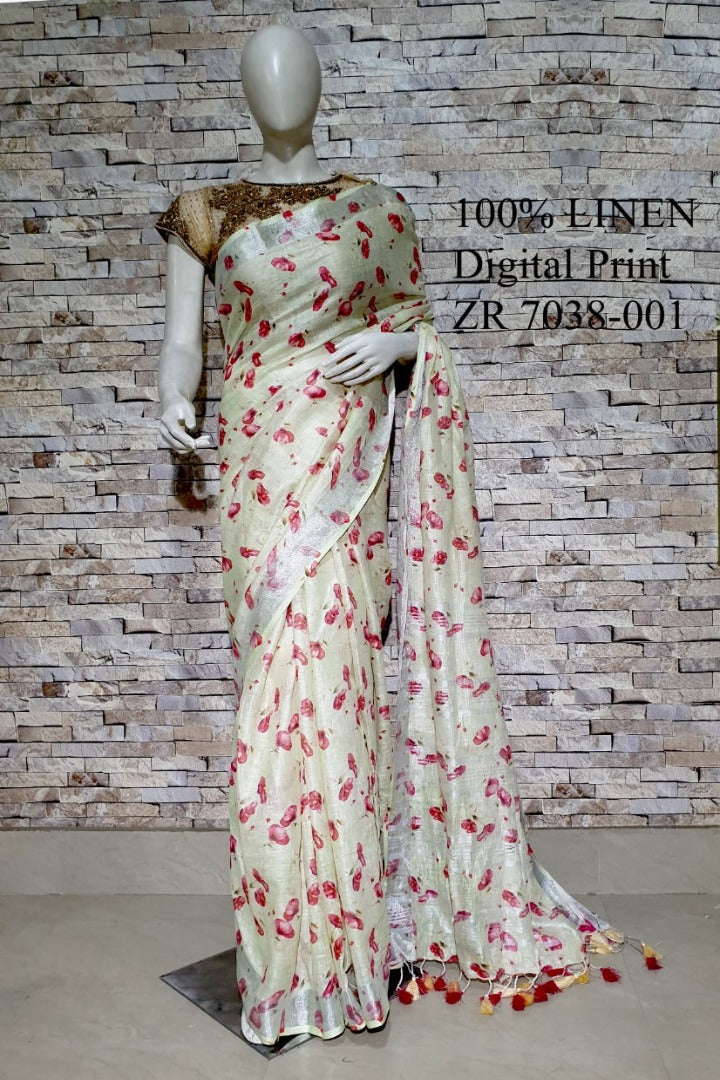 cream digital printed handloom pure linen saree - linenworldonline.in