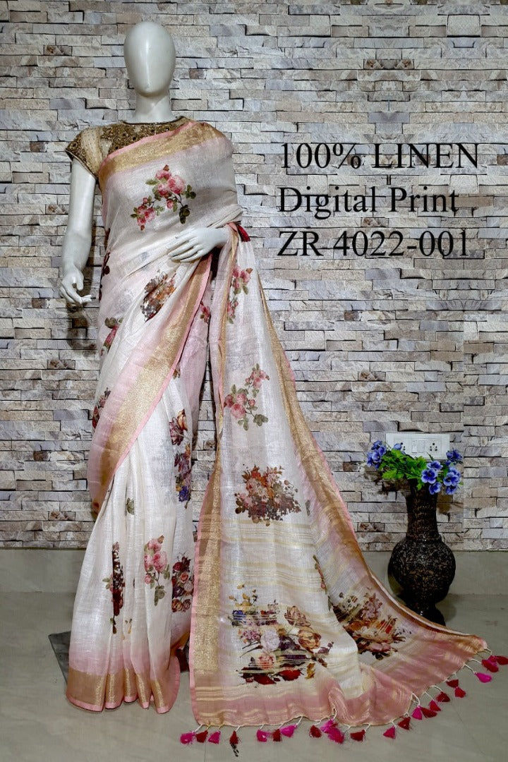 off white floral digital printed handloom pure linen saree - linenworldonline.in