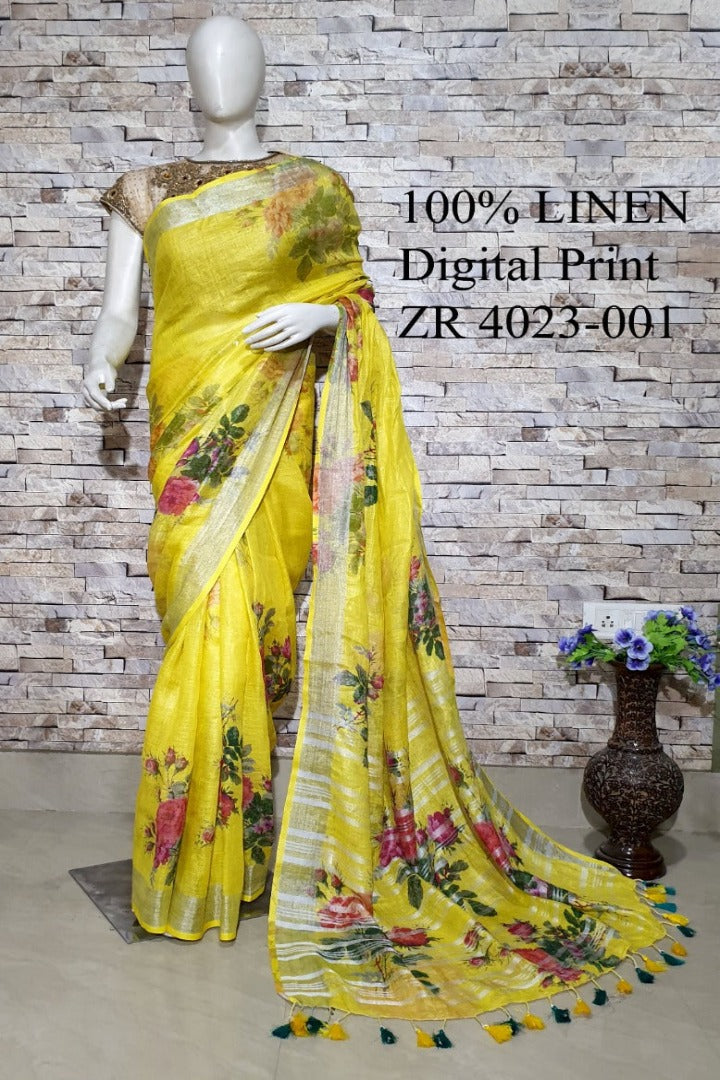 yellow digital printed handloom pure linen saree - linenworldonline.in