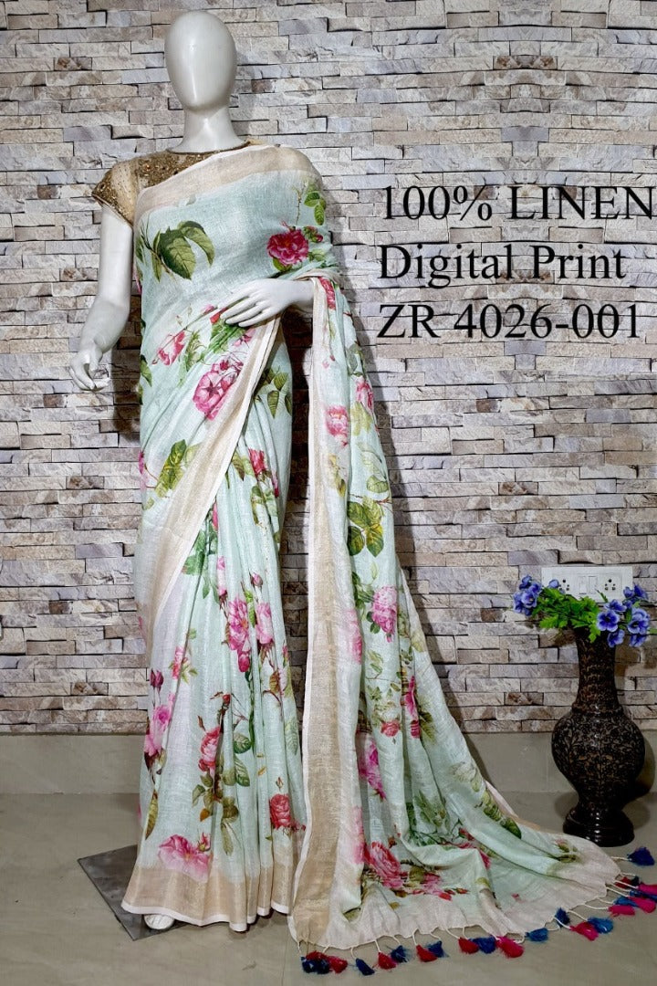 powder blue digital printed handloom pure linen saree - linenworldonline.in