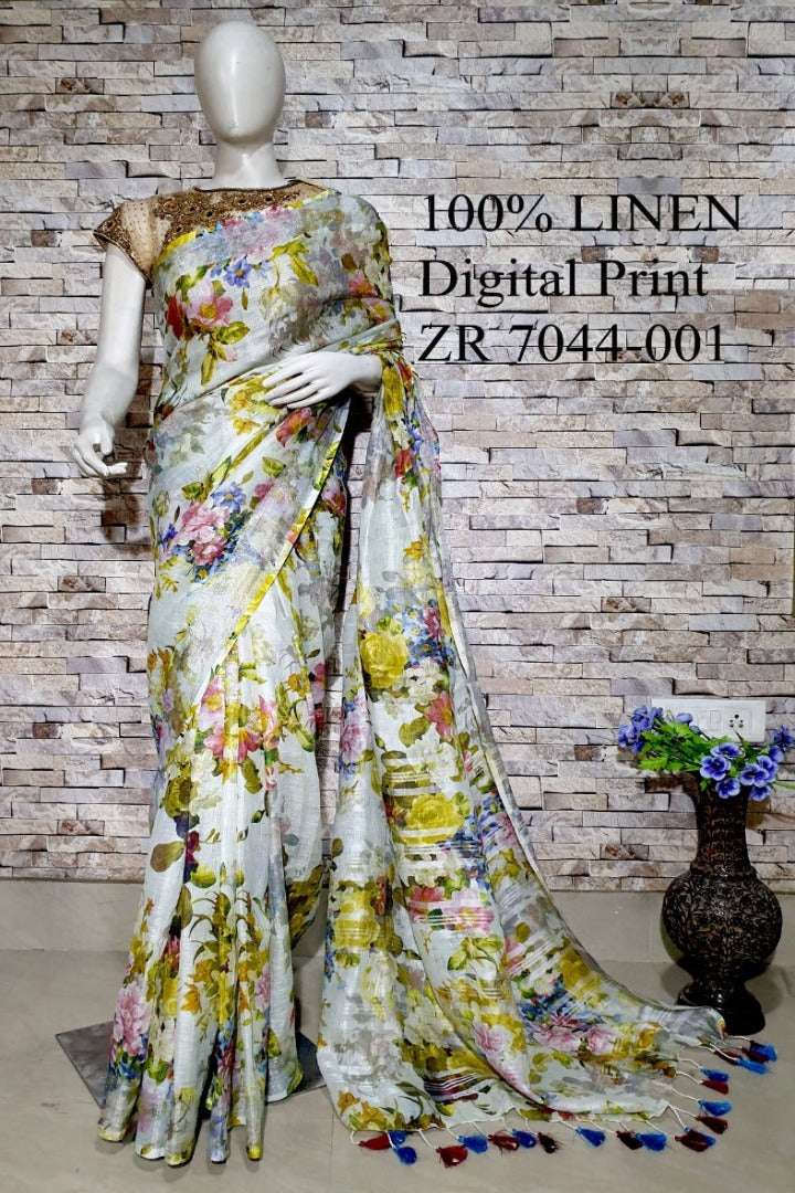 white digital printed handloom pure linen saree - linenworldonline.in