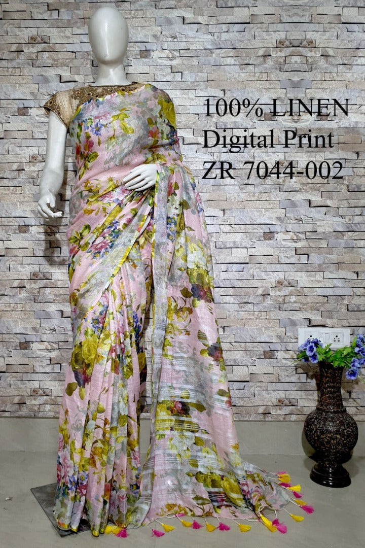pink floral digital printed handloom pure linen saree - linenworldonline.in
