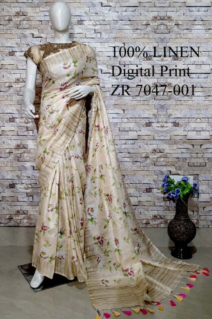 cream digital printed handloom pure linen saree - linenworldonline.in