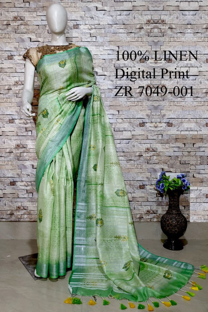 green digital printed handloom pure linen saree - linenworldonline.in