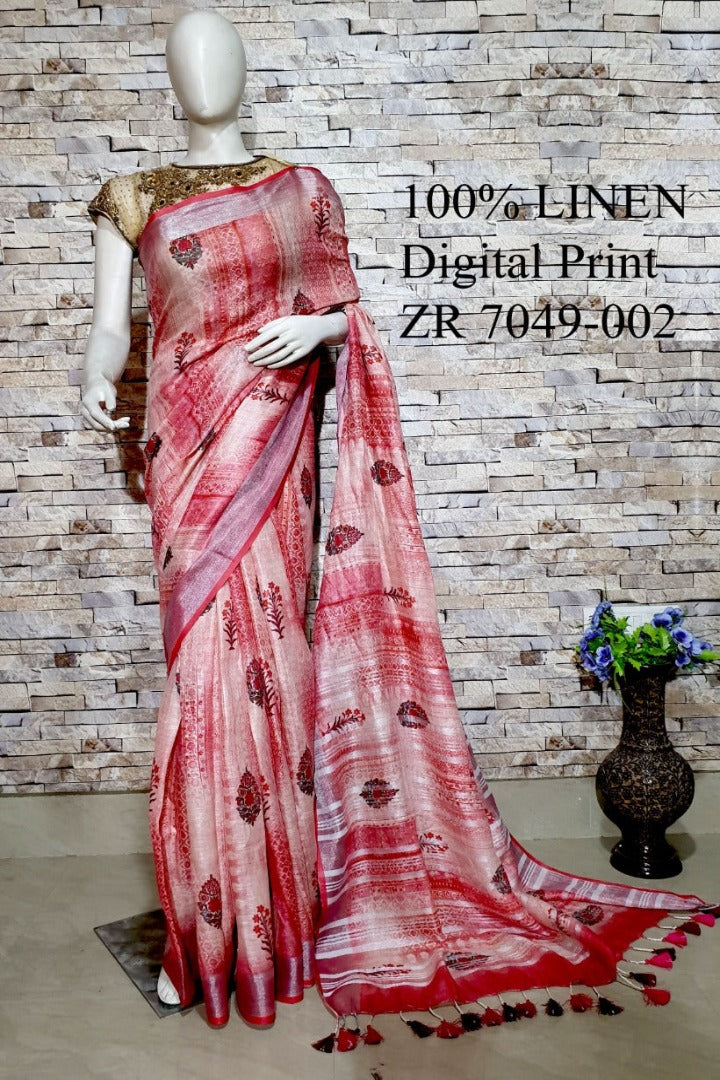 red digital printed handloom pure linen saree - linenworldonline.in
