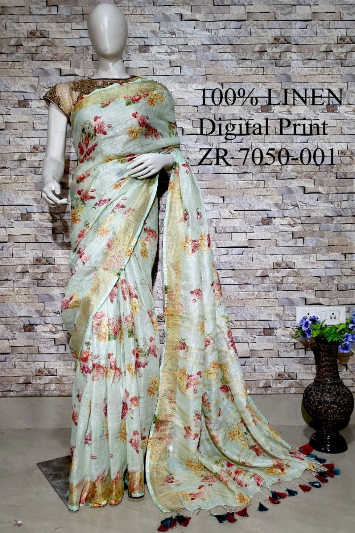 powder green digital printed handloom pure linen saree - linenworldonline.in