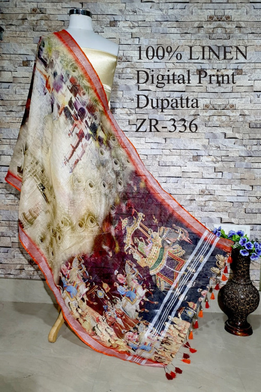 cream orange digital printed scarf - linenworldonline.in