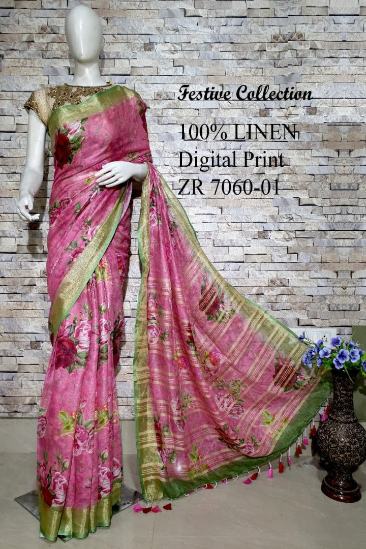 pink digital printed handloom pure linen saree - linenworldonline.in