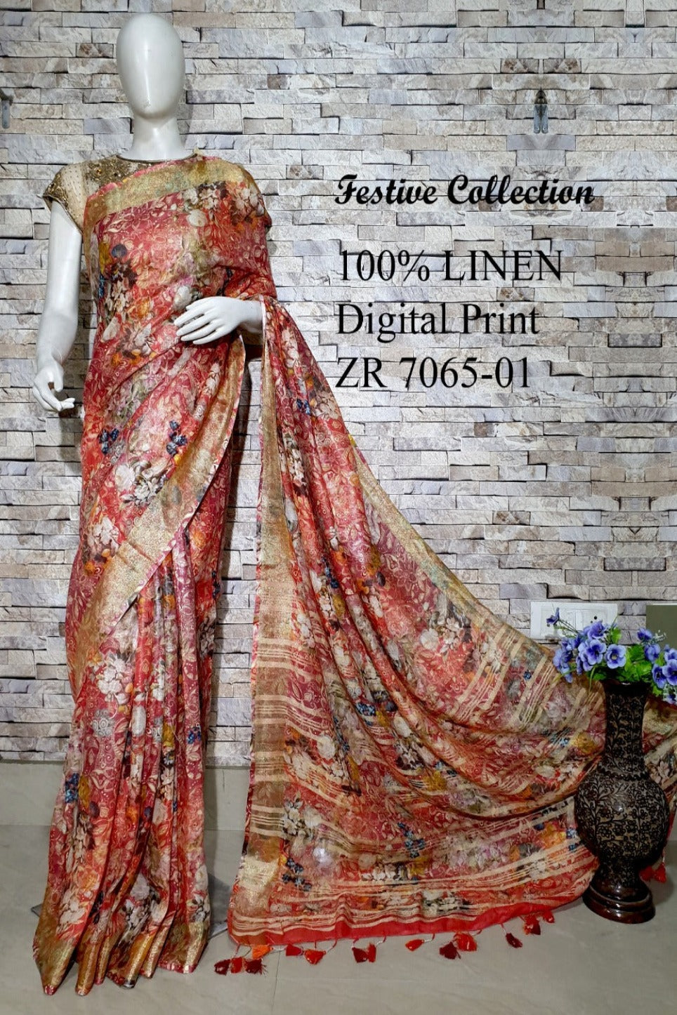 red floral digital printed handloom pure linen saree - linenworldonline.in
