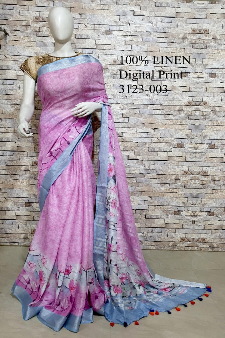 pink digital printed handloom pure linen saree - linenworldonline.in