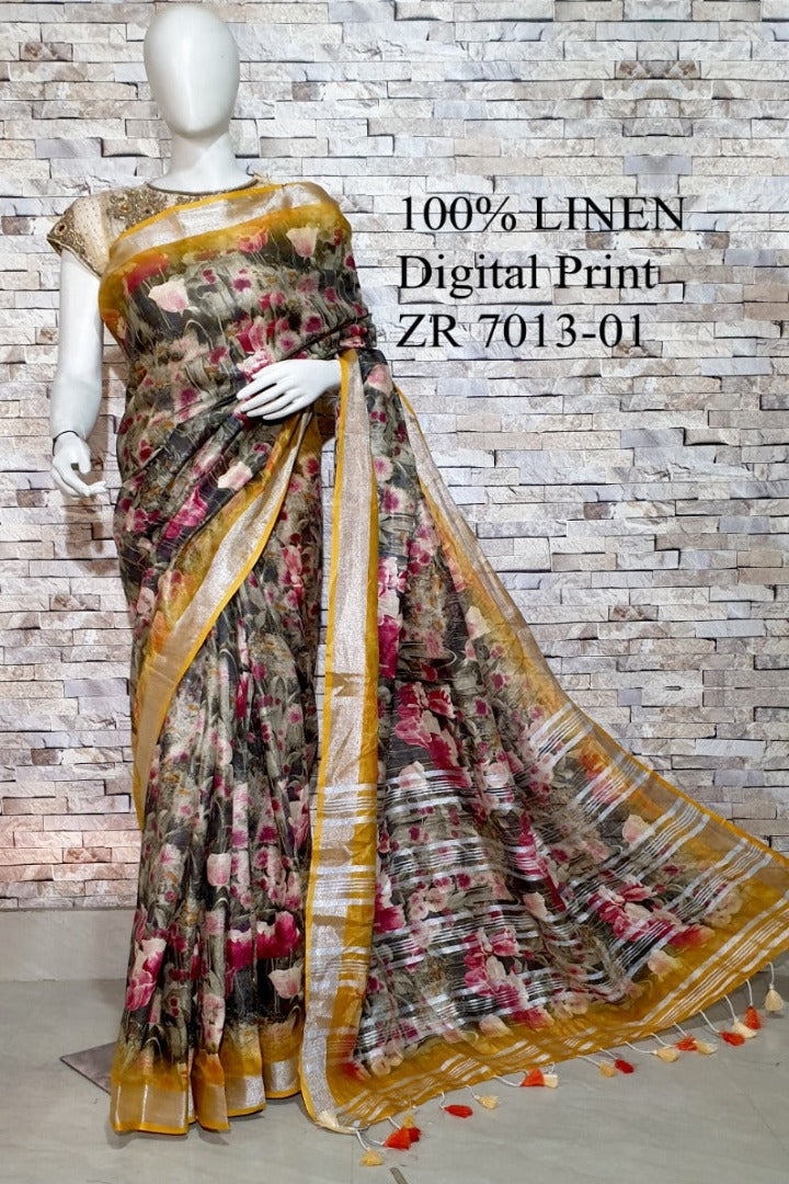 black digital printed handloom pure linen saree - linenworldonline.in