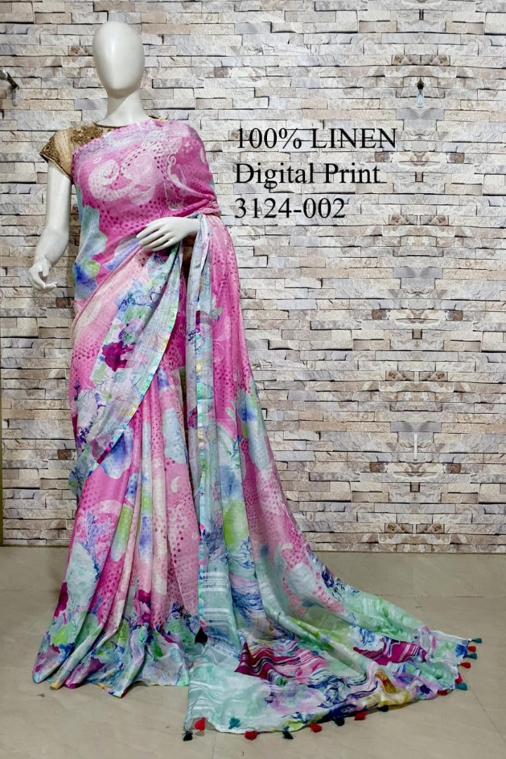 pink digital printed handloom pure linen saree - linenworldonline.in