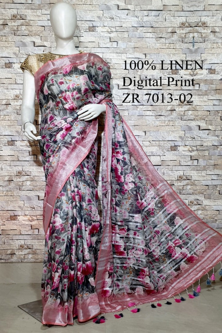 grey floral digital printed handloom pure linen saree - linenworldonline.in