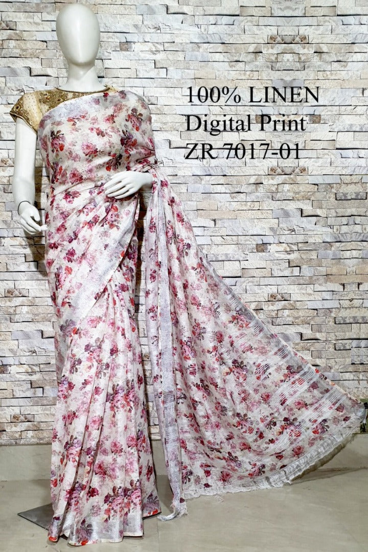 off white floral digital printed handloom pure linen saree - linenworldonline.in