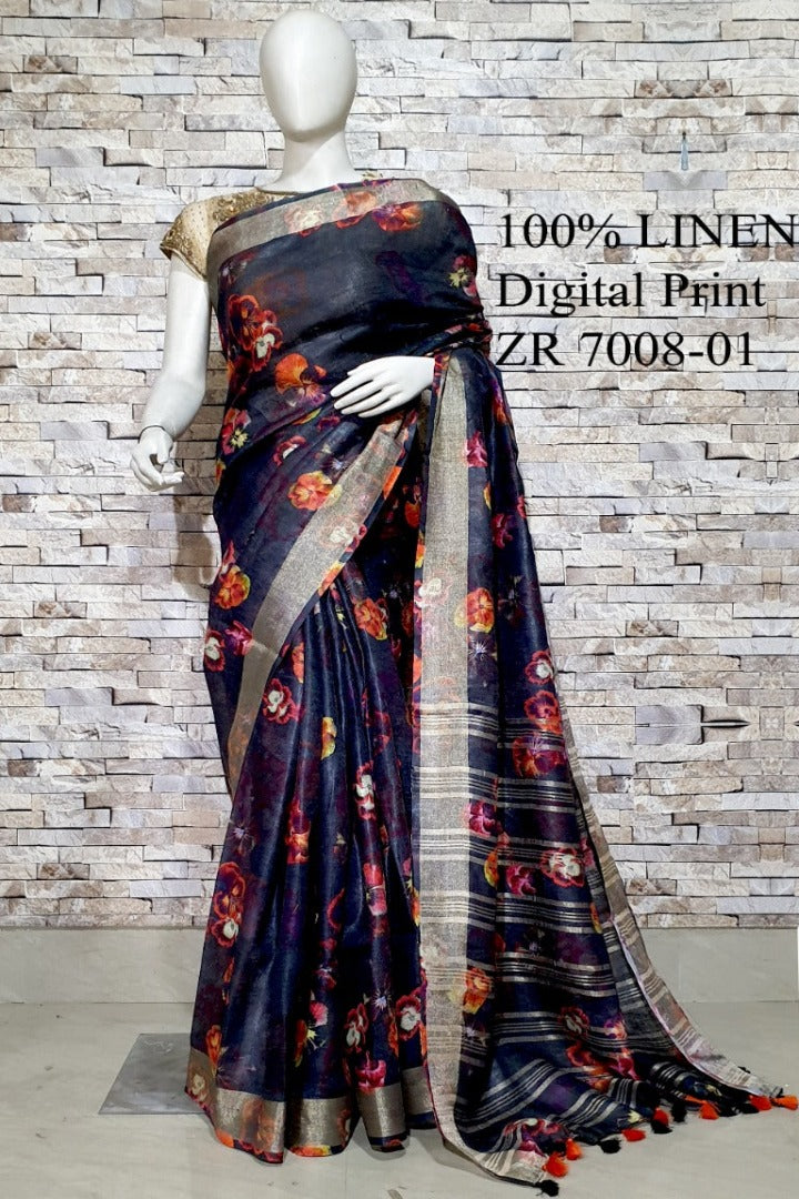 navy blue digital printed handloom pure linen saree - linenworldonline.in
