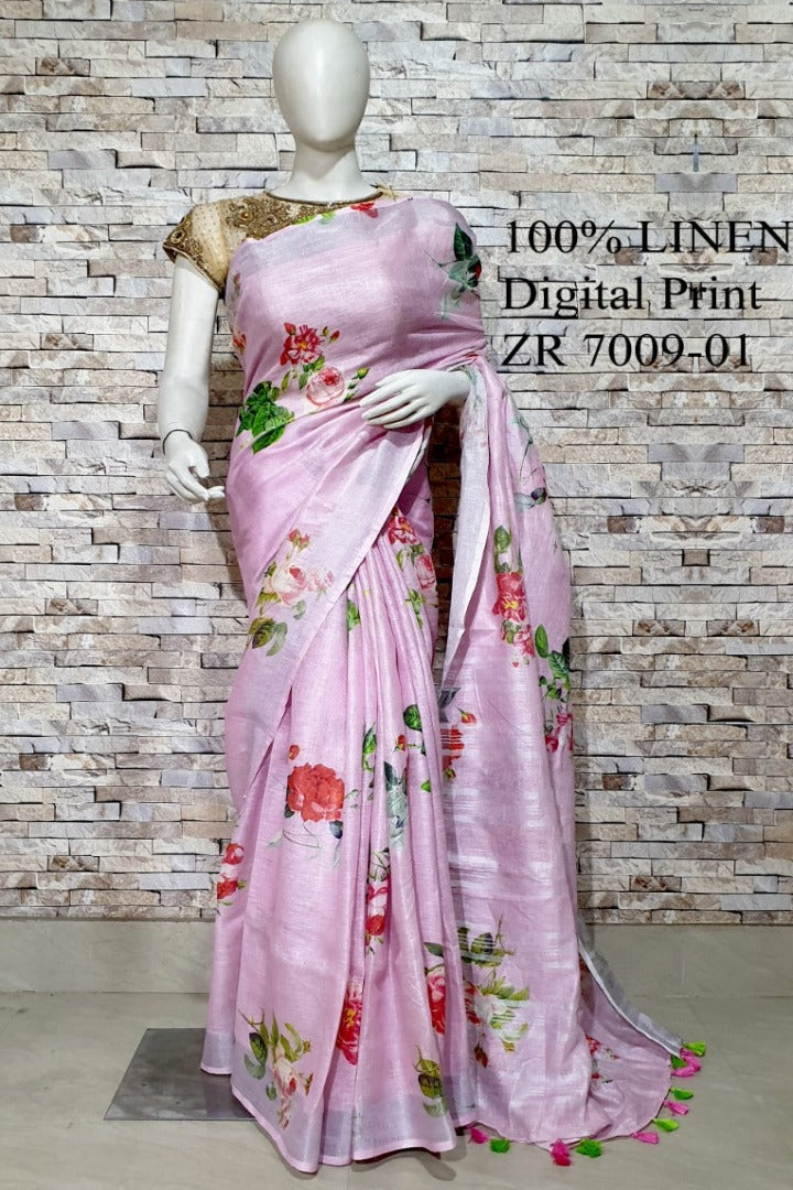 baby pink digital printed handloom pure linen saree - linenworldonline.in