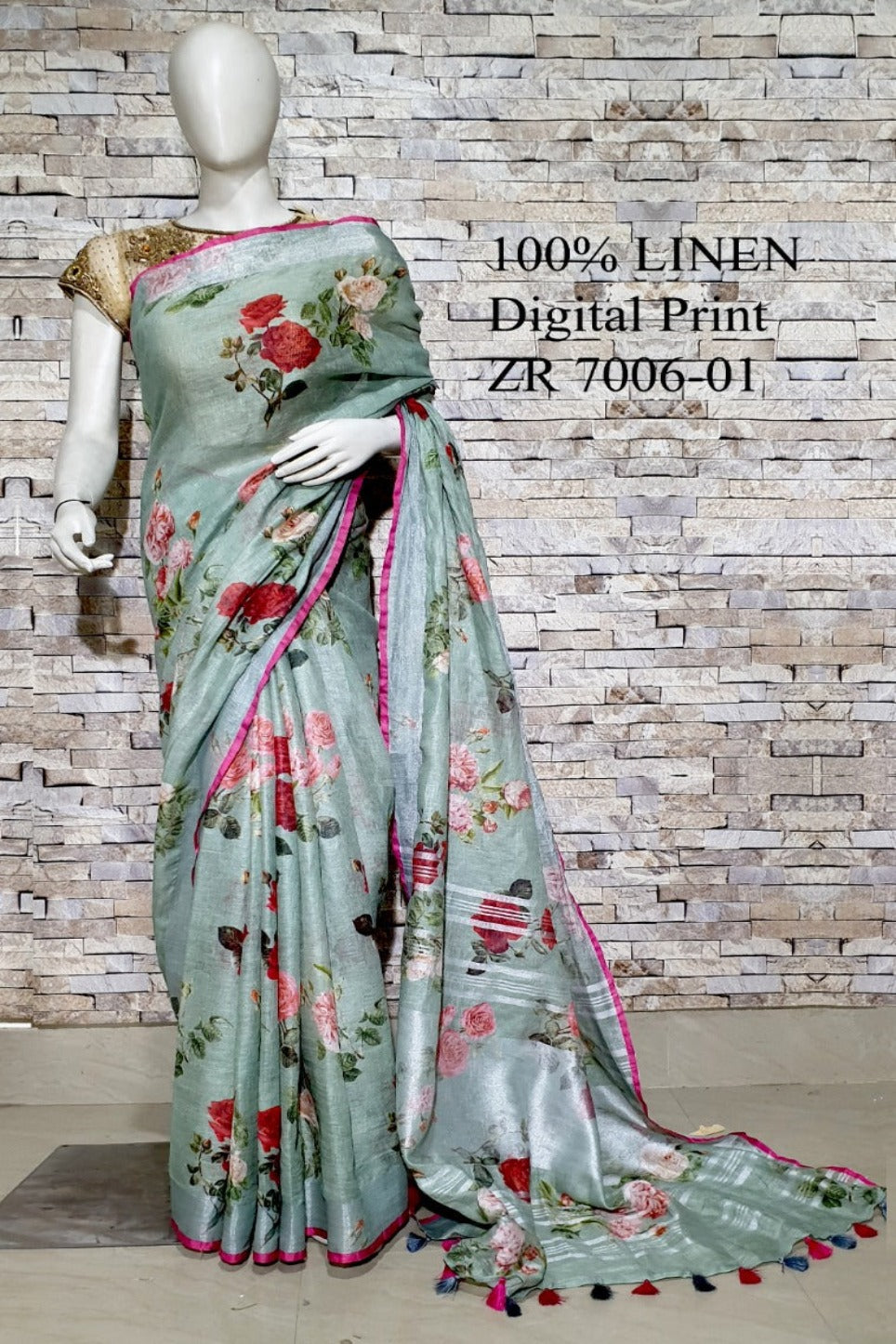 jet stream floral digital printed handloom pure linen saree - linenworldonline.in