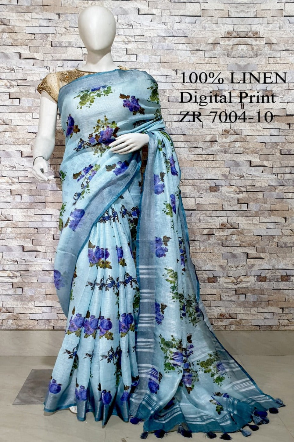 blue floral digital printed handloom pure linen saree - linenworldonline.in