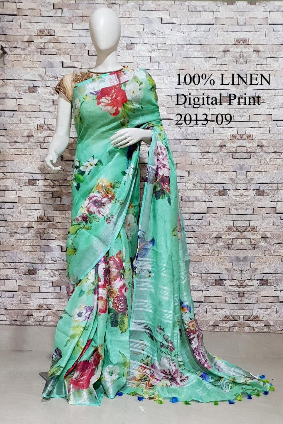 green digital printed handloom pure linen saree - linenworldonline.in