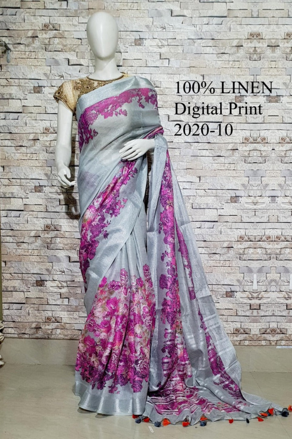 grey floral digital printed handloom pure linen saree - linenworldonline.in