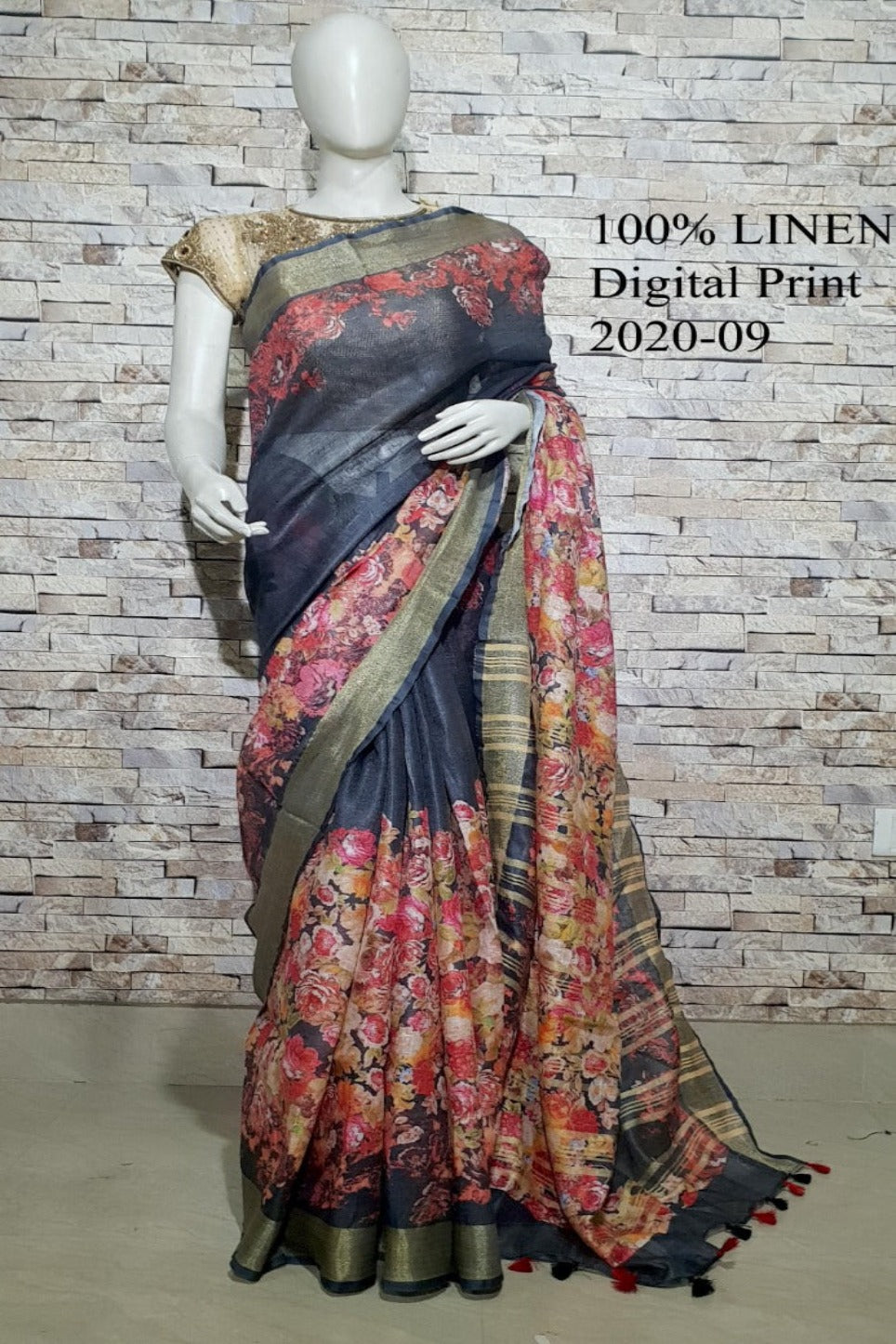 black digital printed handloom pure linen saree - linenworldonline.in