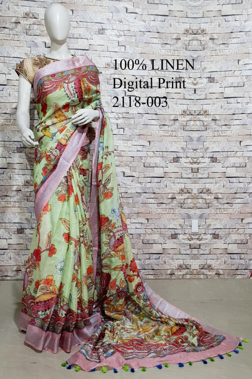 pista green digital printed handloom pure linen saree - linenworldonline.in