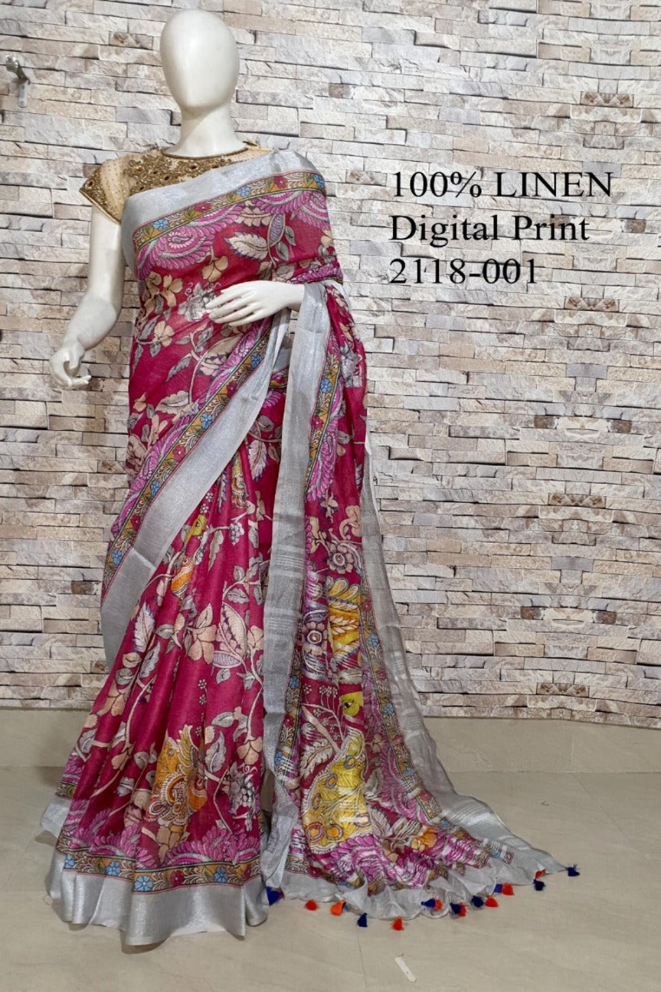 red digital printed handloom pure linen saree - linenworldonline.in