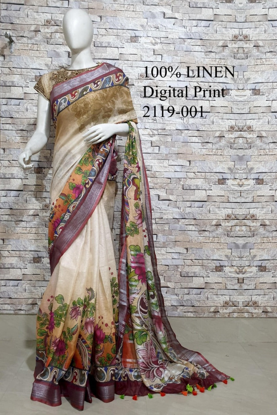 cream digital printed handloom pure linen saree - linenworldonline.in