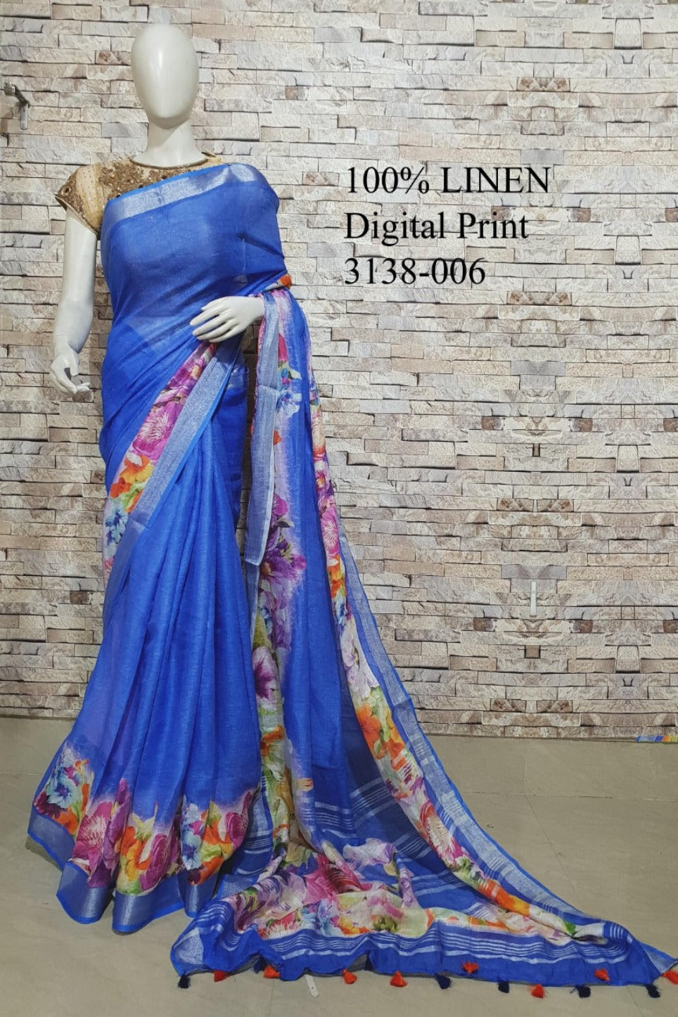 royal blue digital printed handloom pure linen saree - linenworldonline.in