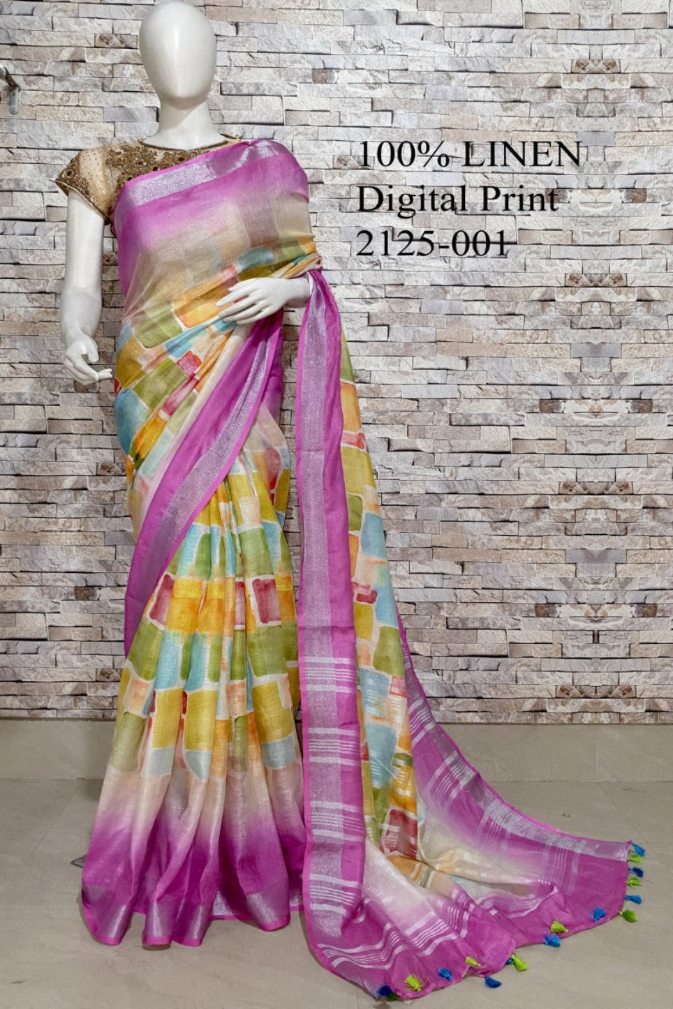 pink digital printed handloom pure linen saree - linenworldonline.in
