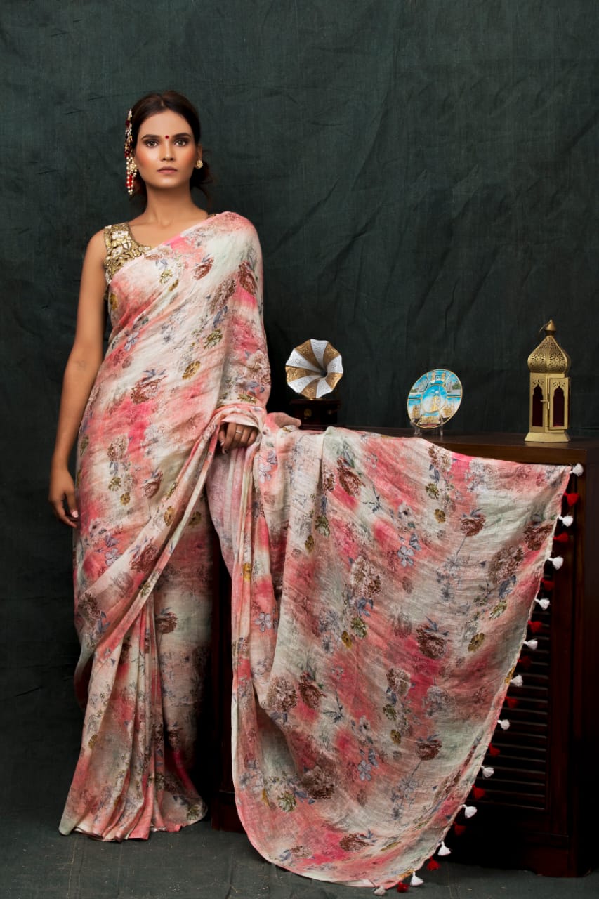 pure linen digital printed saree - linenworldonline.in