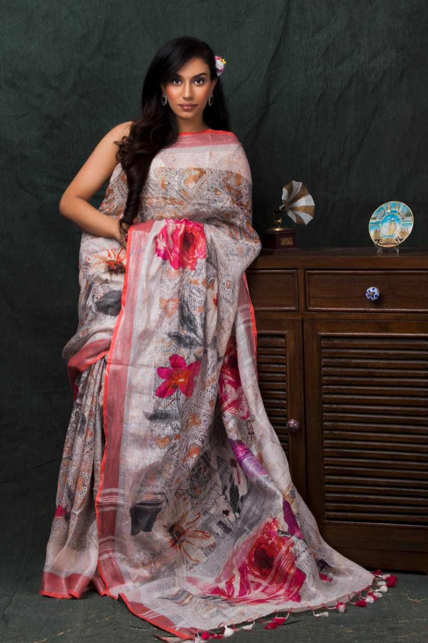 digital printed pure linen saree - linenworldonline.in