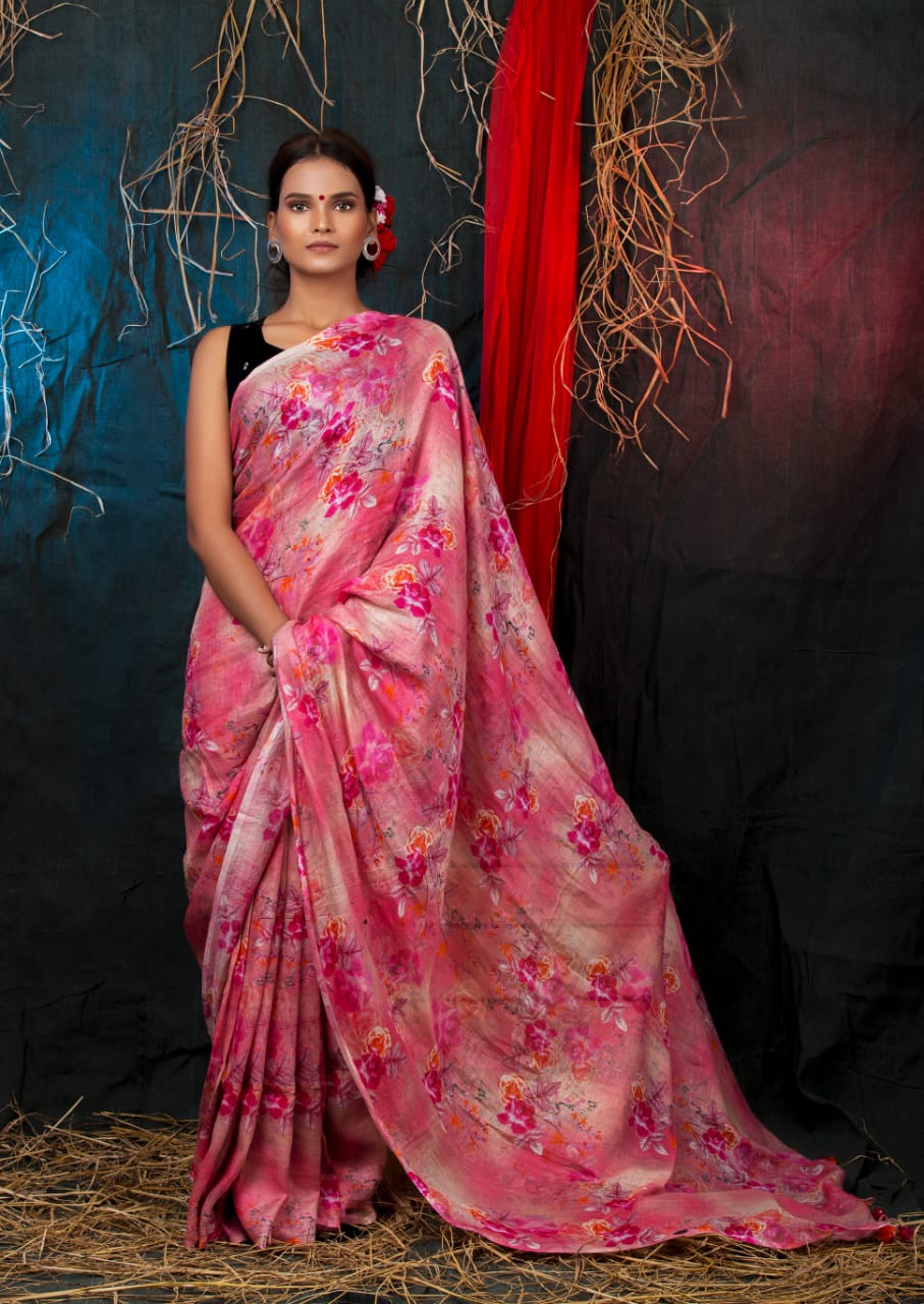 digital printed pure linen saree - linenworldonline.in