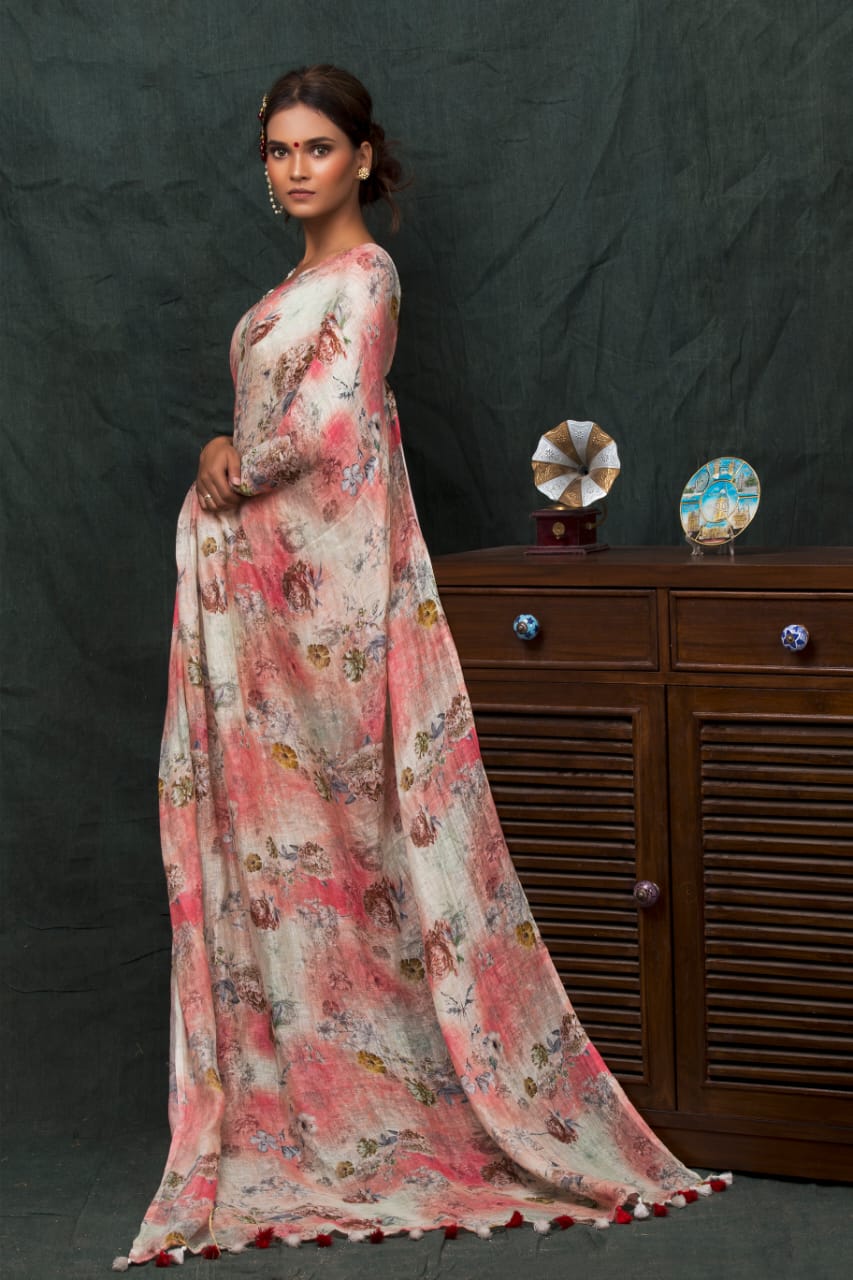 pure linen digital printed saree - linenworldonline.in