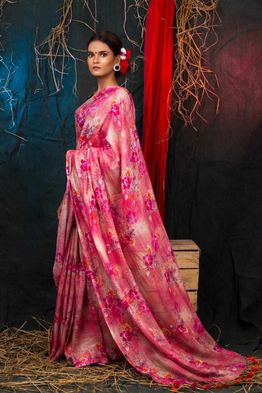 digital printed pure linen saree - linenworldonline.in