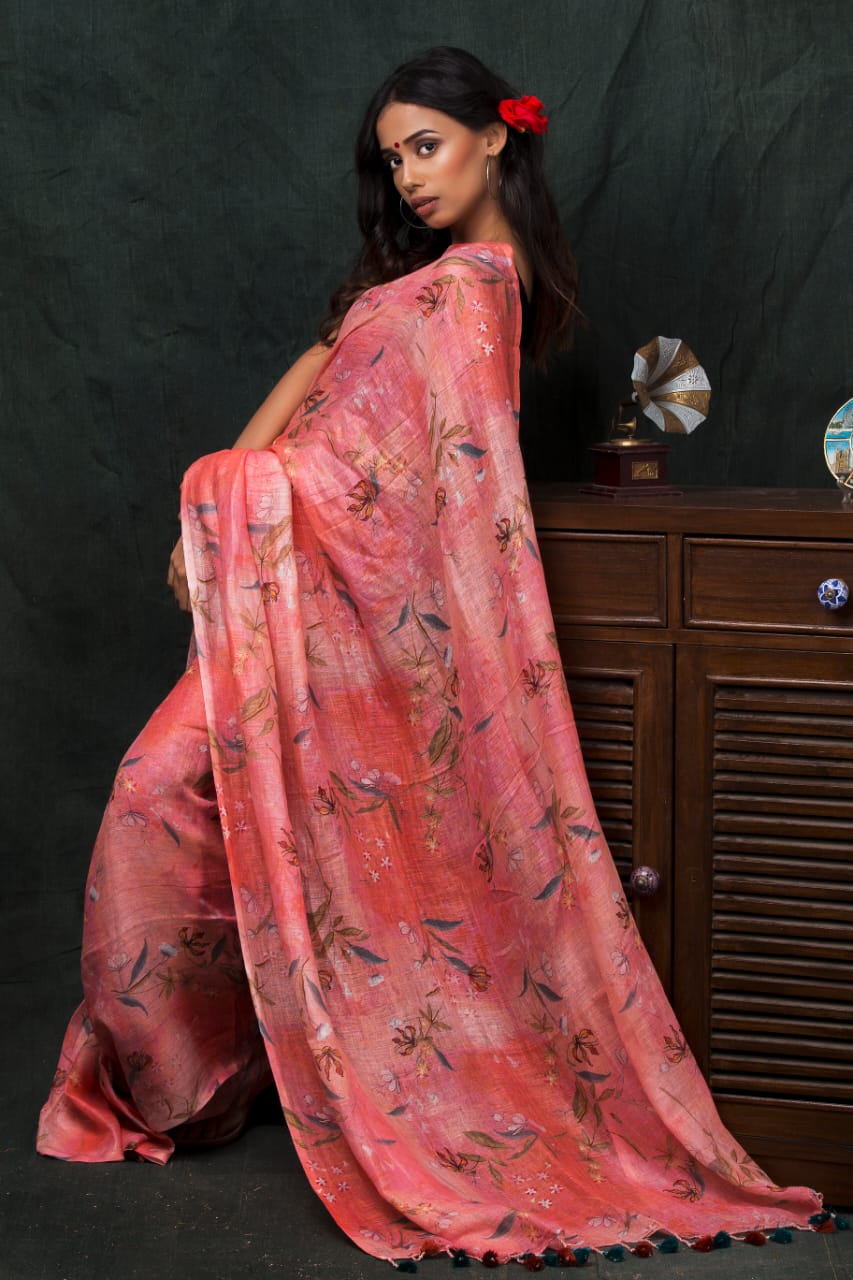 digital printed pure linen saree - linenworldonline.in