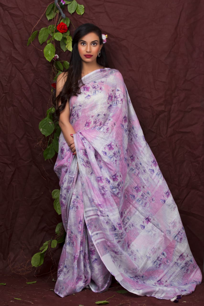 digital printed pure linen saree - linenworldonline.in
