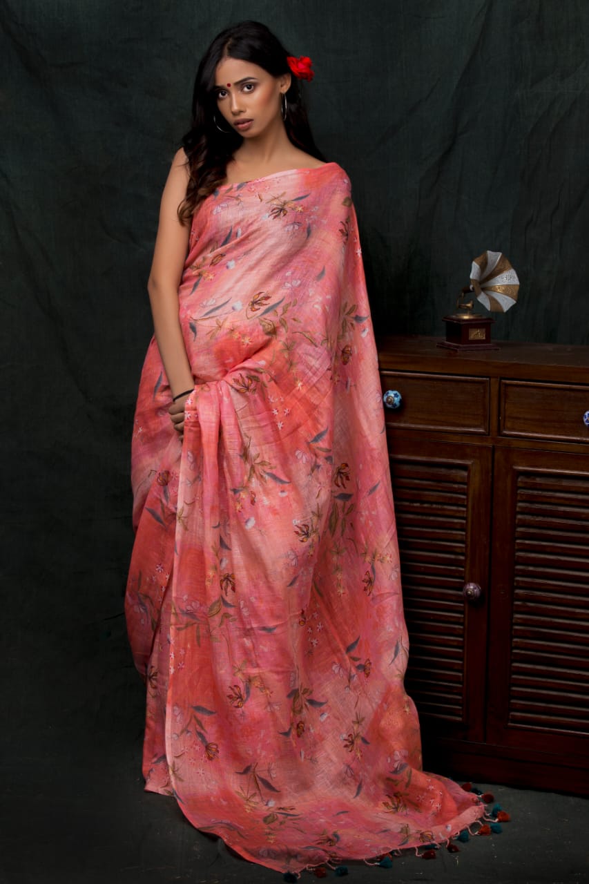 digital printed pure linen saree - linenworldonline.in