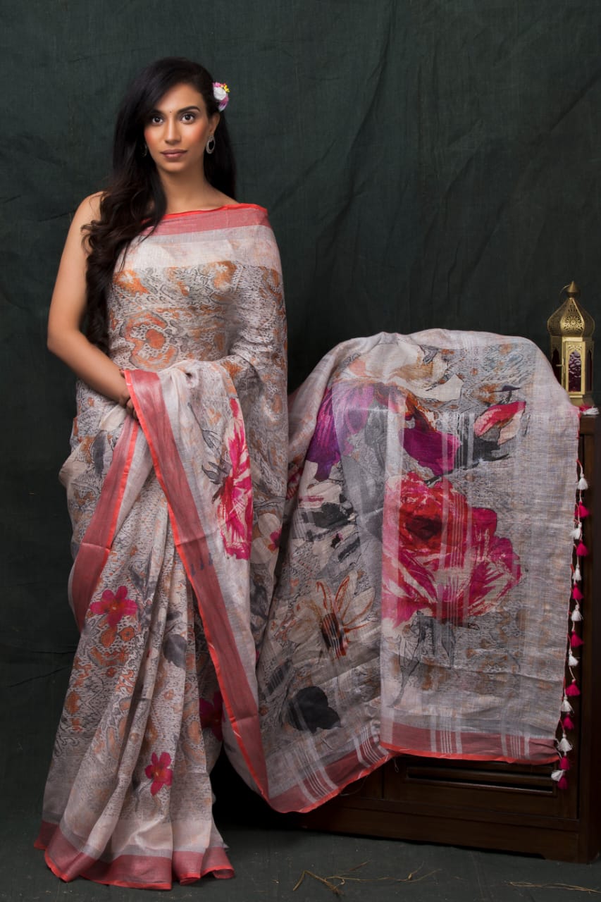 digital printed pure linen saree - linenworldonline.in
