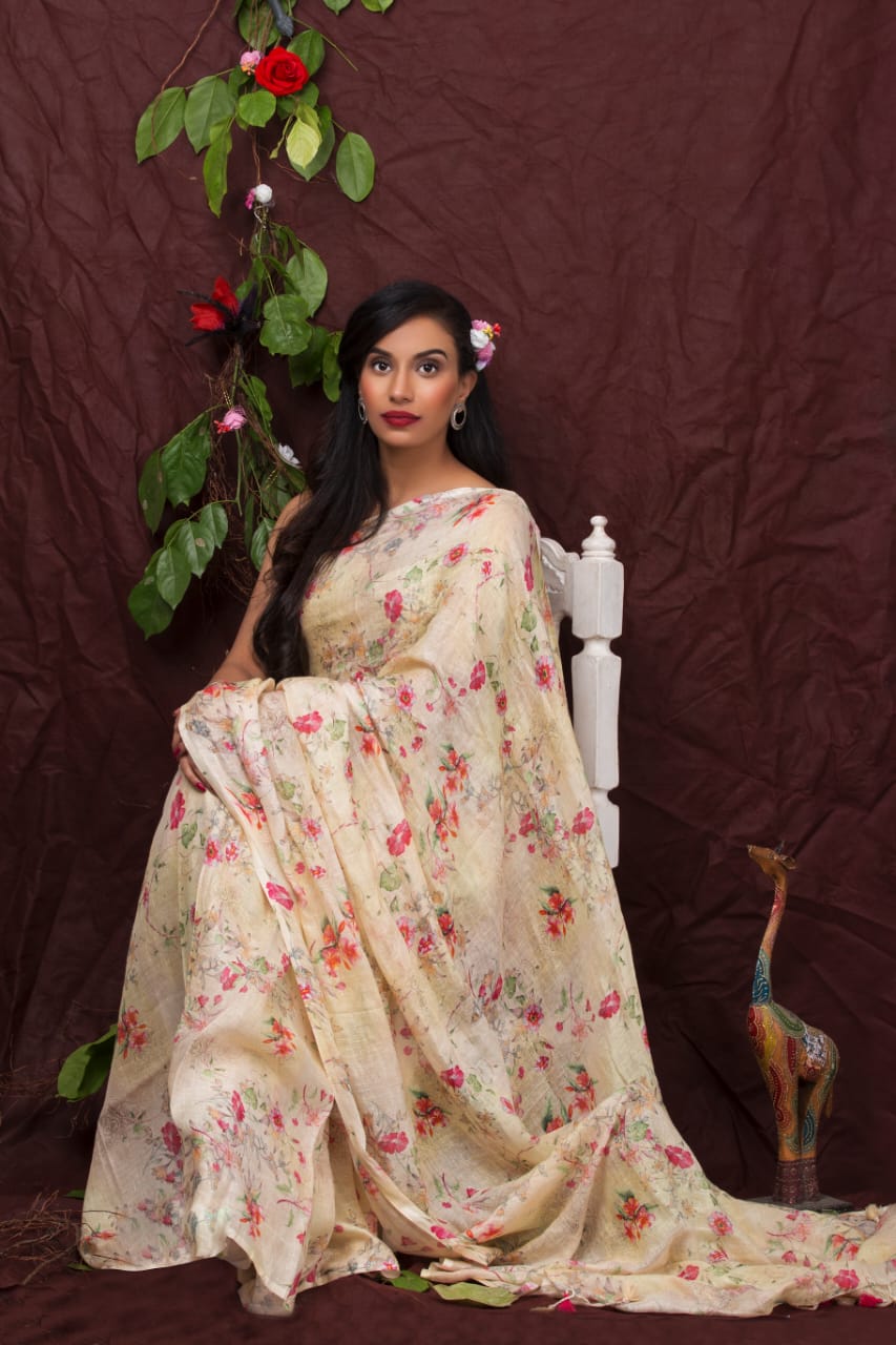 digital printed pure linen saree - linenworldonline.in