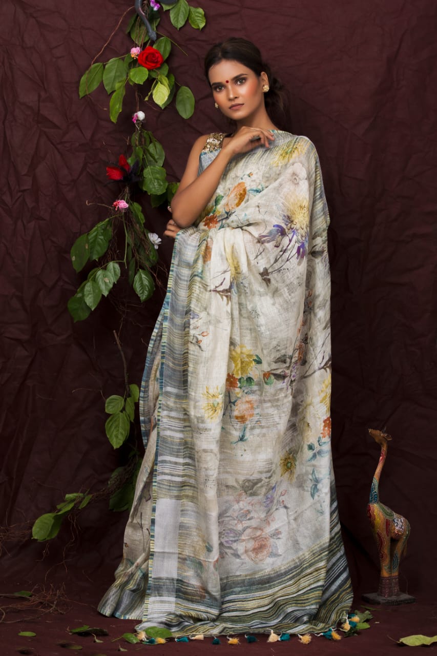 digital printed pure linen saree - linenworldonline.in