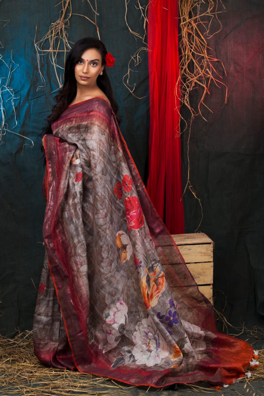digital printed silk linen saree - linenworldonline.in