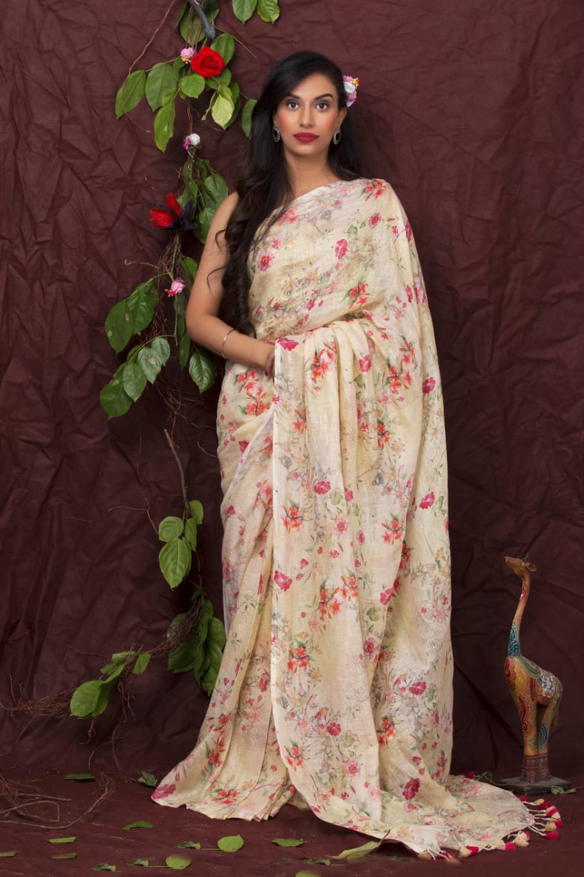 digital printed pure linen saree - linenworldonline.in
