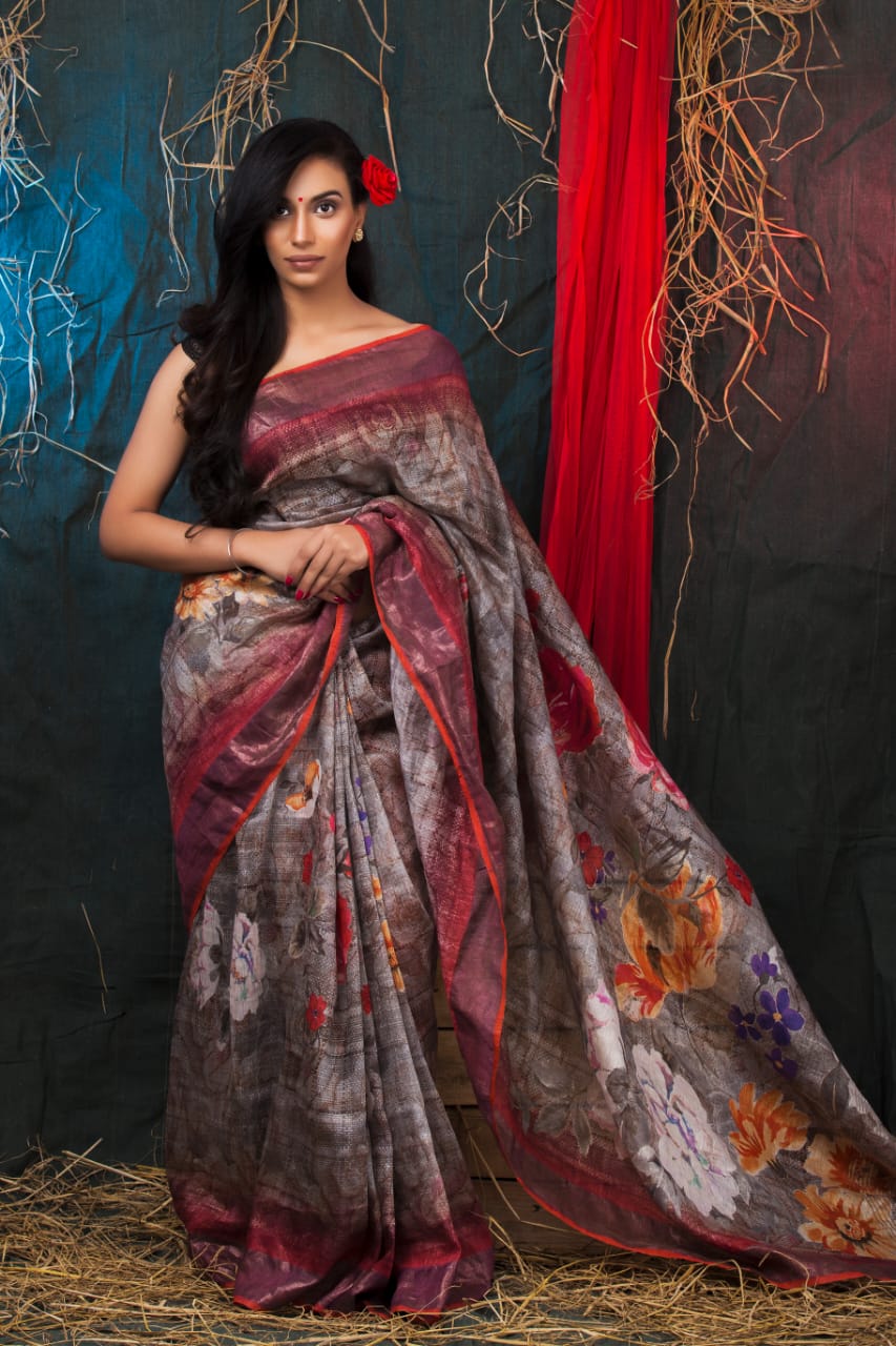 digital printed silk linen saree - linenworldonline.in
