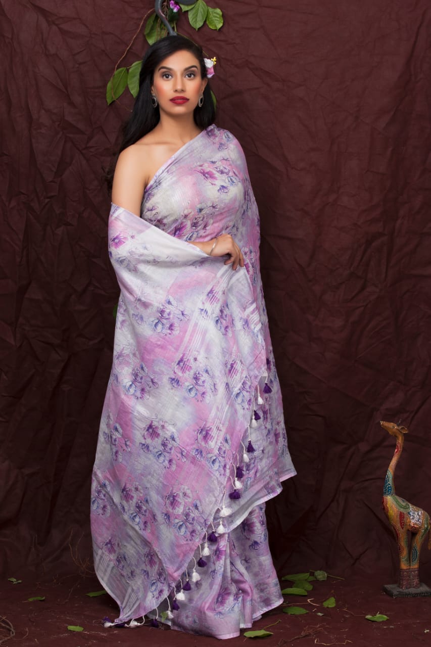 digital printed pure linen saree - linenworldonline.in