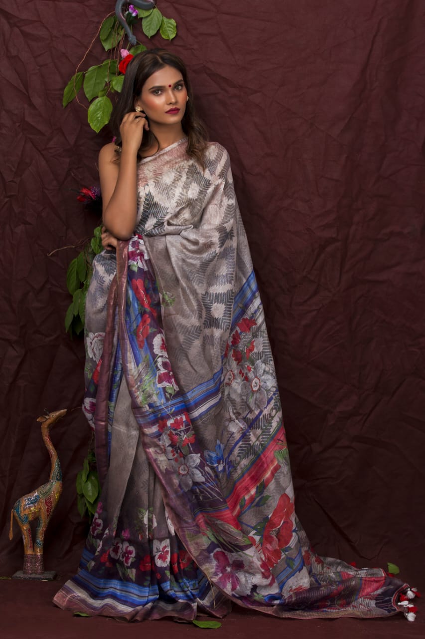 digital printed pure linen saree - linenworldonline.in