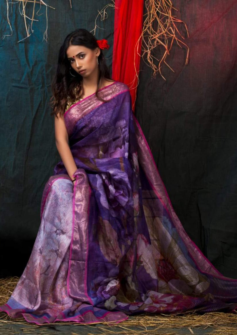 digital printed pure linen saree - linenworldonline.in